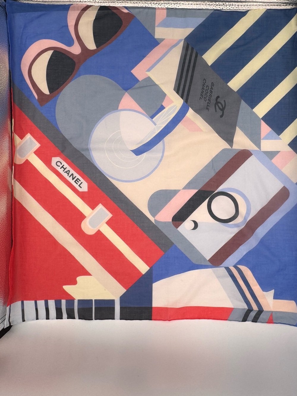 Vintage CHANEL Gabrielle Coco Chanel Silk Scarf Blue Red Graphic Print Italy